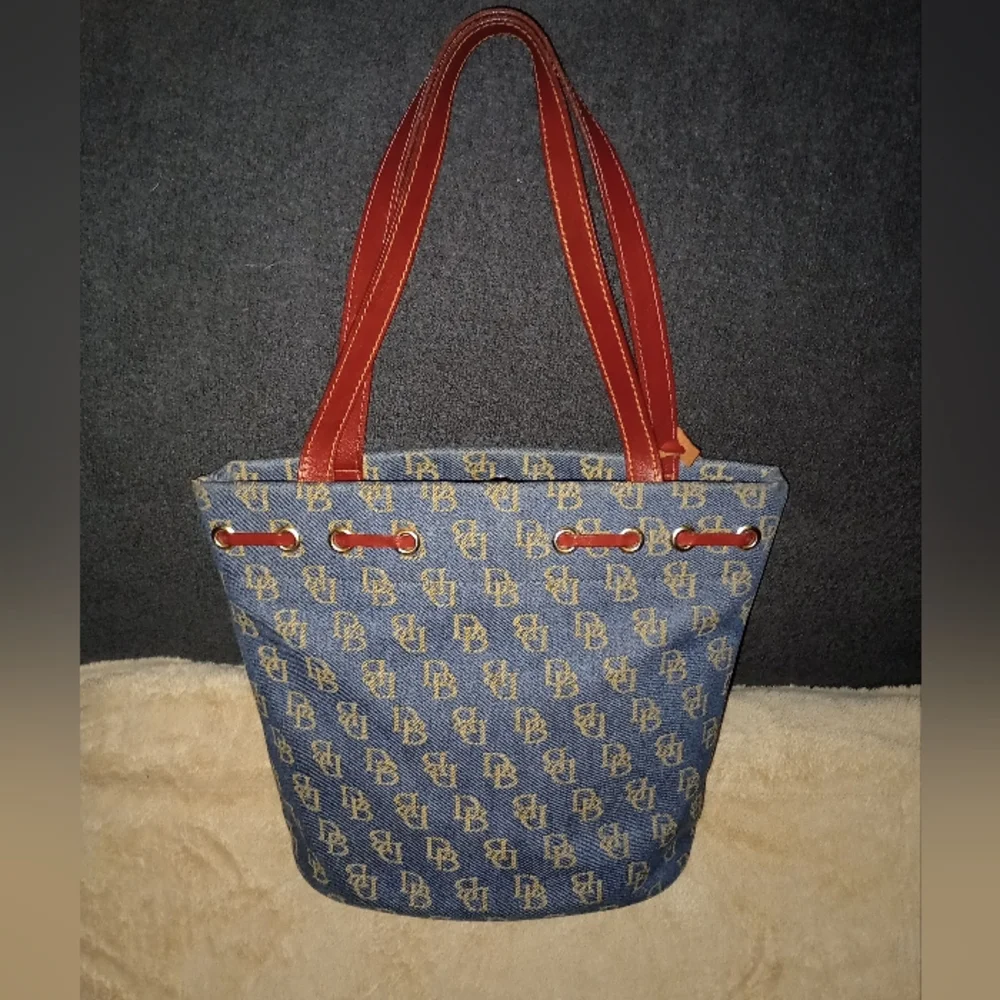 Dooney & Bourke Denim Logo Tote with Brown Leather Trim
